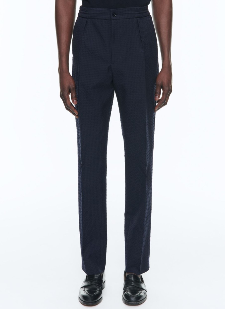 Trousers | De Fursac Seersucker Elasticated Trousers Navy Blue - Tone On Tone Gingham Pattern