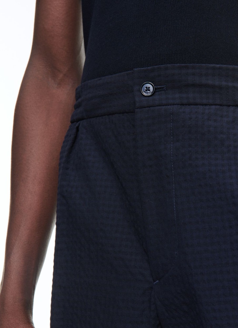 Trousers | De Fursac Seersucker Elasticated Trousers Navy Blue - Tone On Tone Gingham Pattern