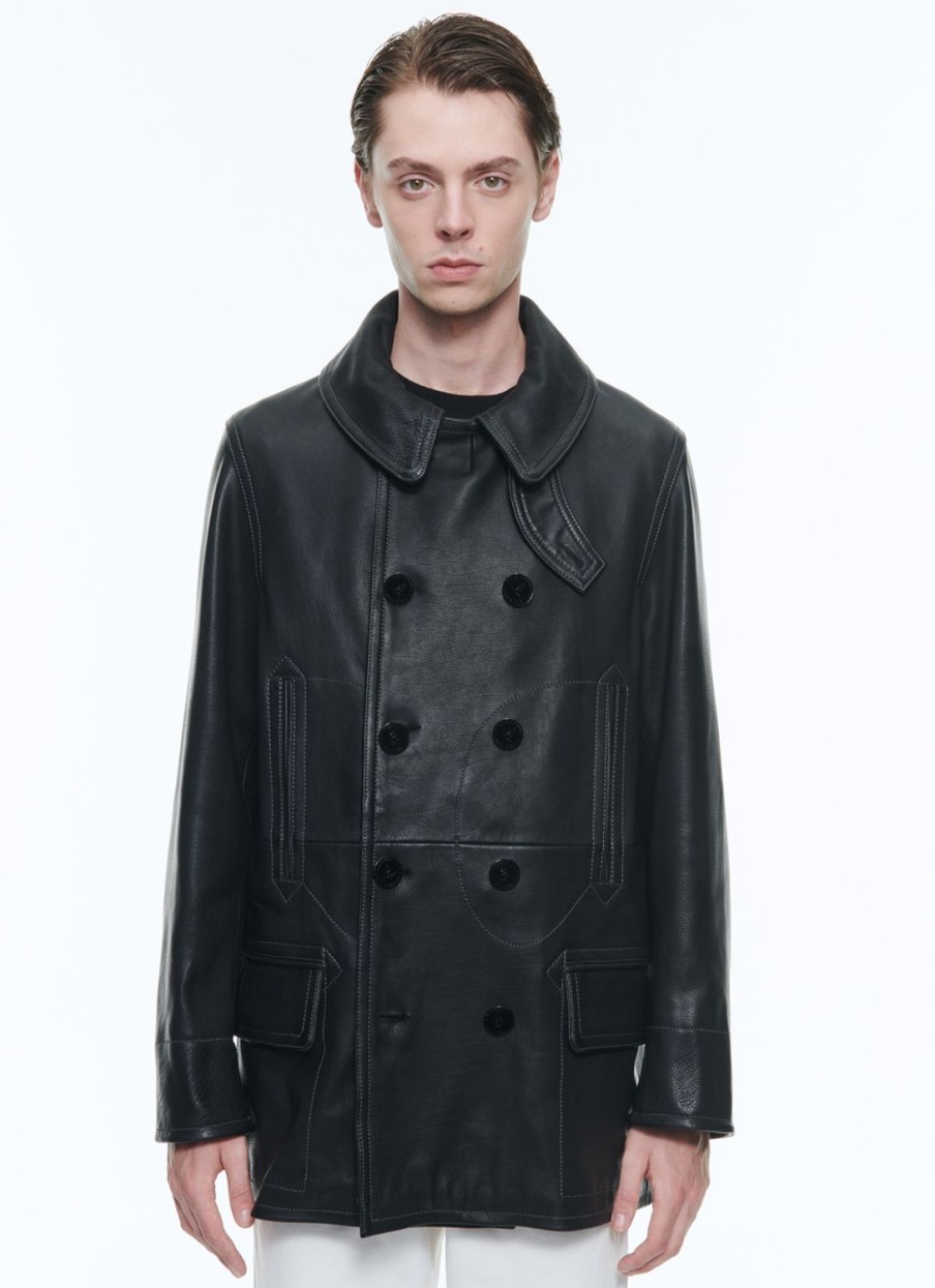 Outerwear | De Fursac Leather Peacoat With Topstitching Black