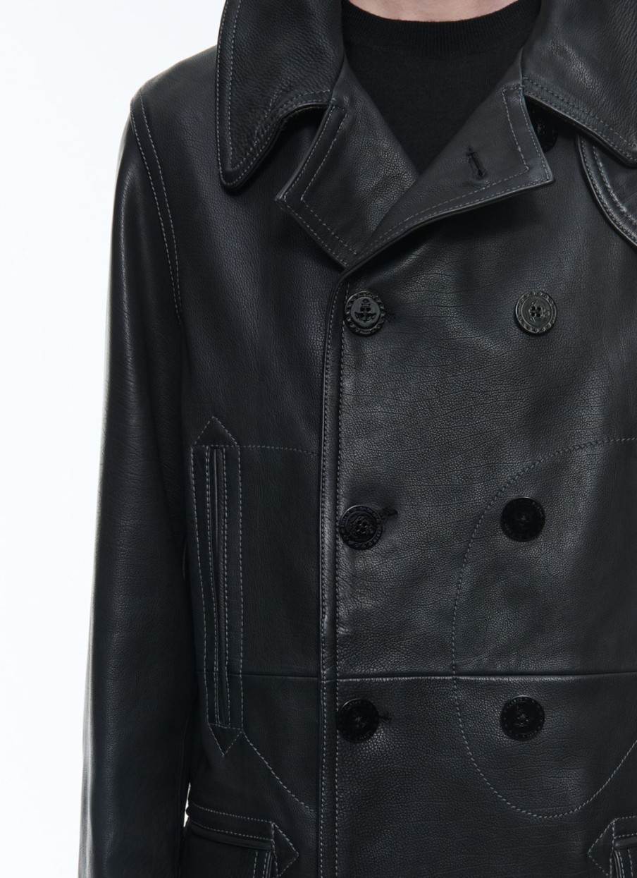 Outerwear | De Fursac Leather Peacoat With Topstitching Black