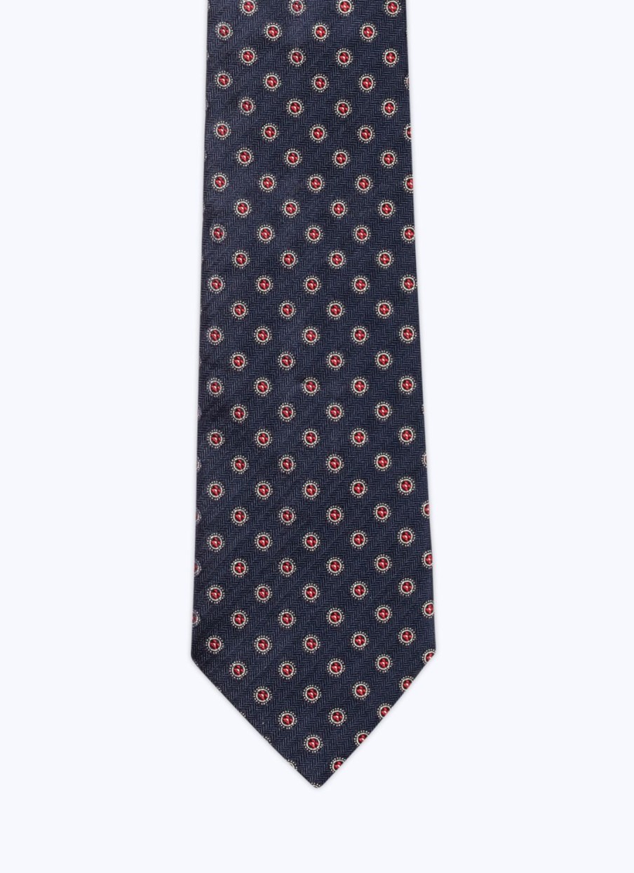 Ties | De Fursac Silk Satin Tie With Pattern Navy Blue - Fancy Jacquard Micro-Design