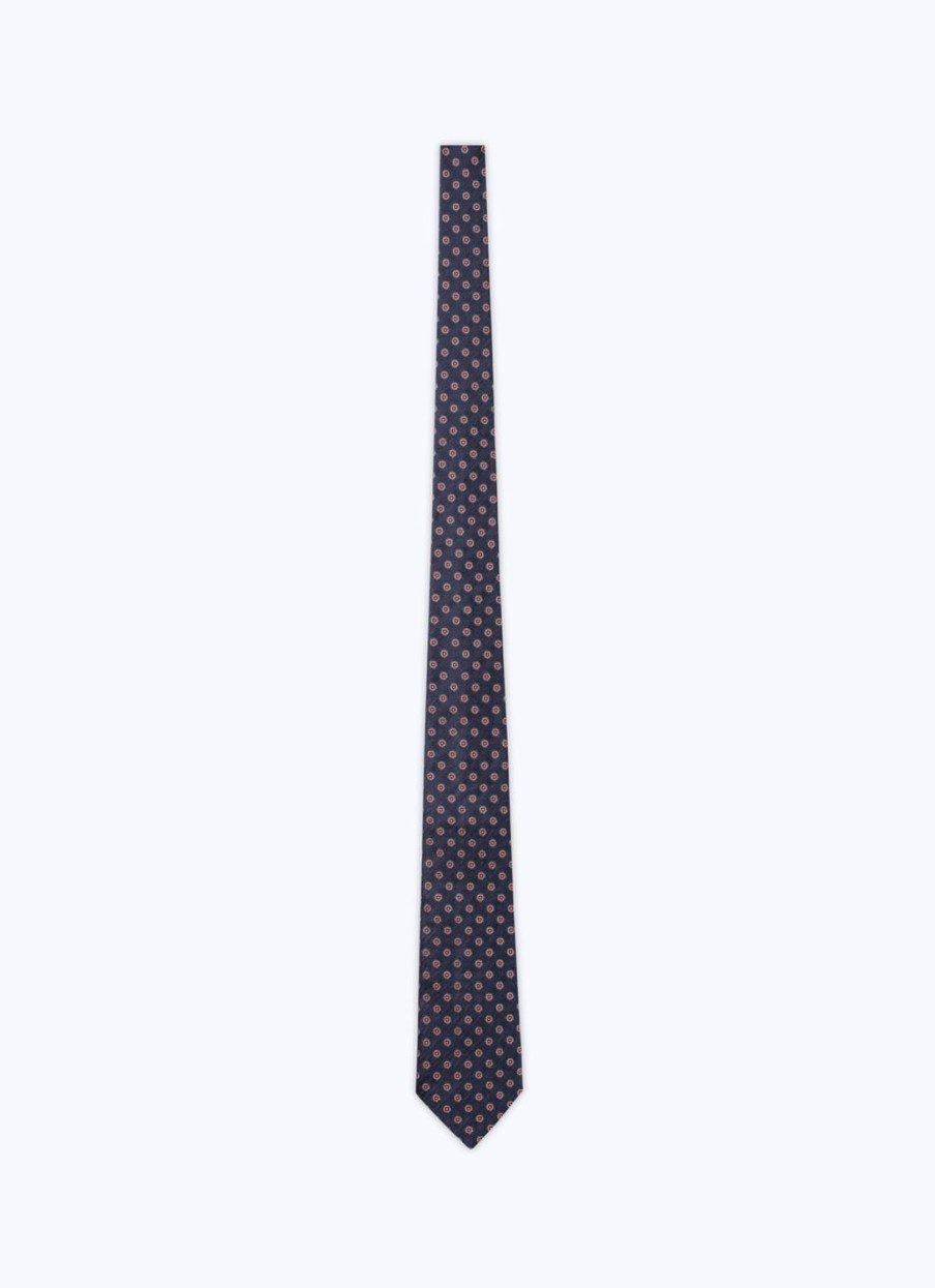 Ties | De Fursac Silk Satin Tie With Pattern Navy Blue - Fancy Jacquard Micro-Design